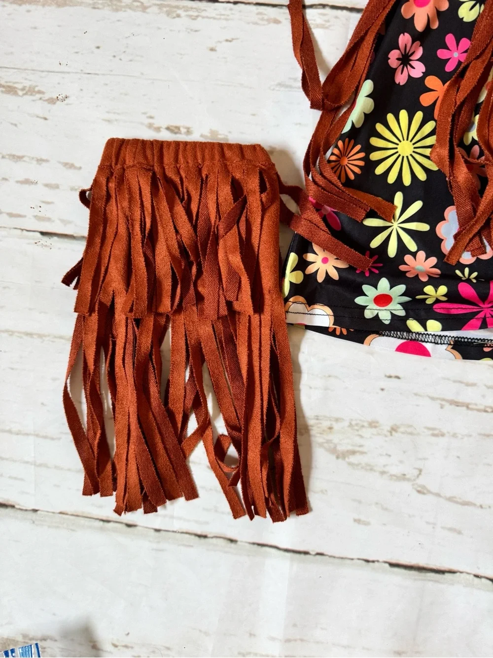 Girls' Black Floral Hippie Costume Dress with Brown Fringe Vest 6 piece VGUC
